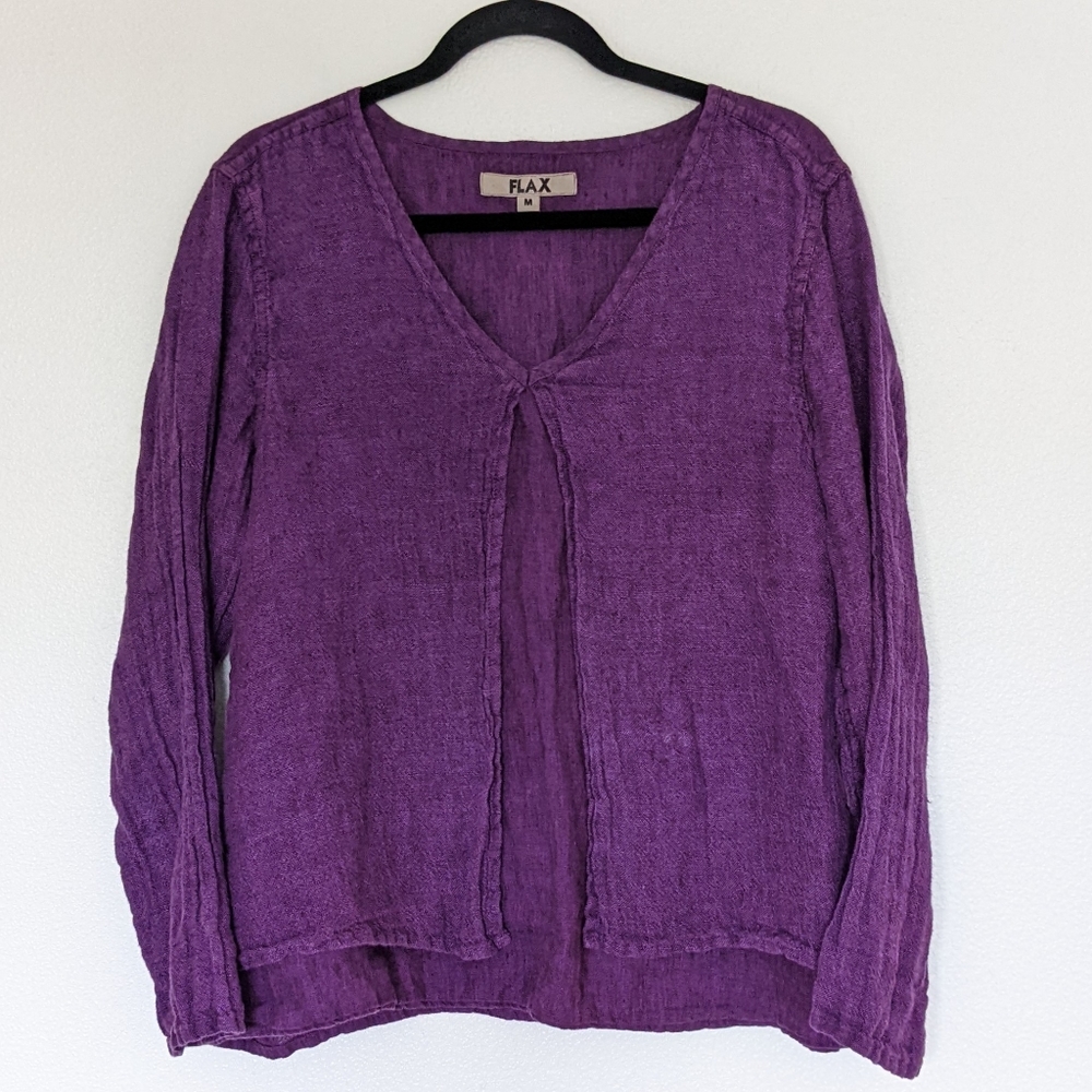 FLAX Long Sleeve V-Neck Pullover Linen Top Two Layer Front Purple Medium